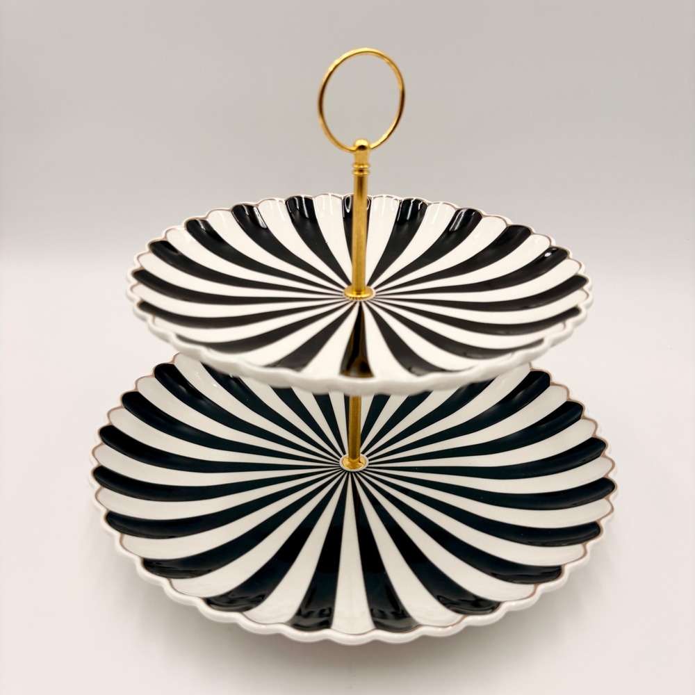 Grace Teaware Black White Striped 2 Tier Porcelain Dessert Stand Halloween